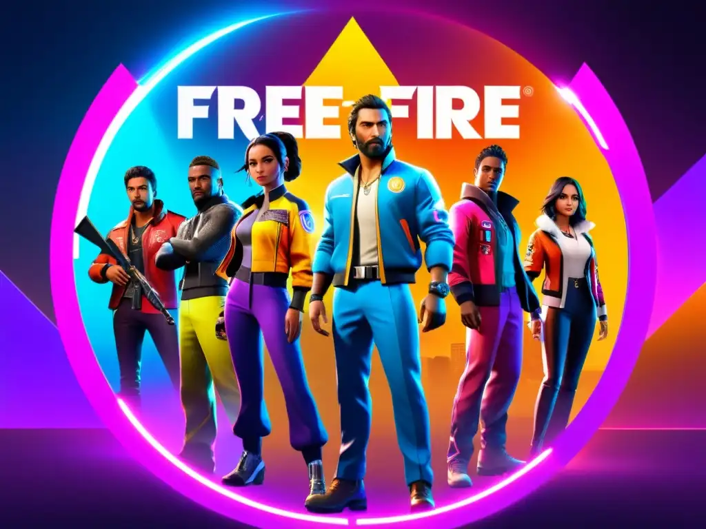 Grupo de personajes de Free Fire con atuendos de Pases Élite en un ambiente futurista y vibrante