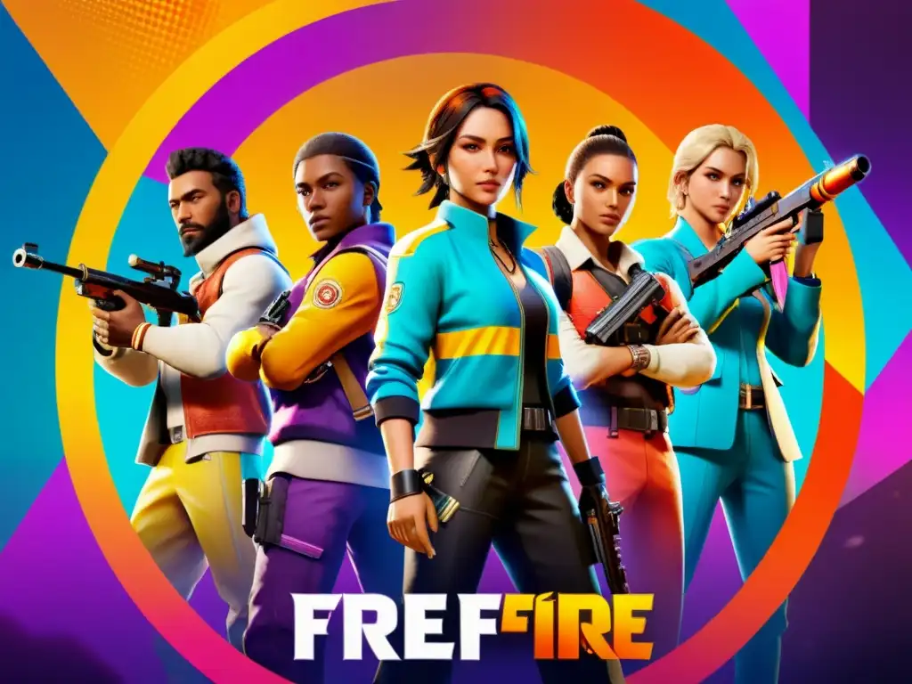 Un grupo de personajes de Free Fire en círculo, con atuendos de paquetes inicio, vibrantes colores y poses dinámicas