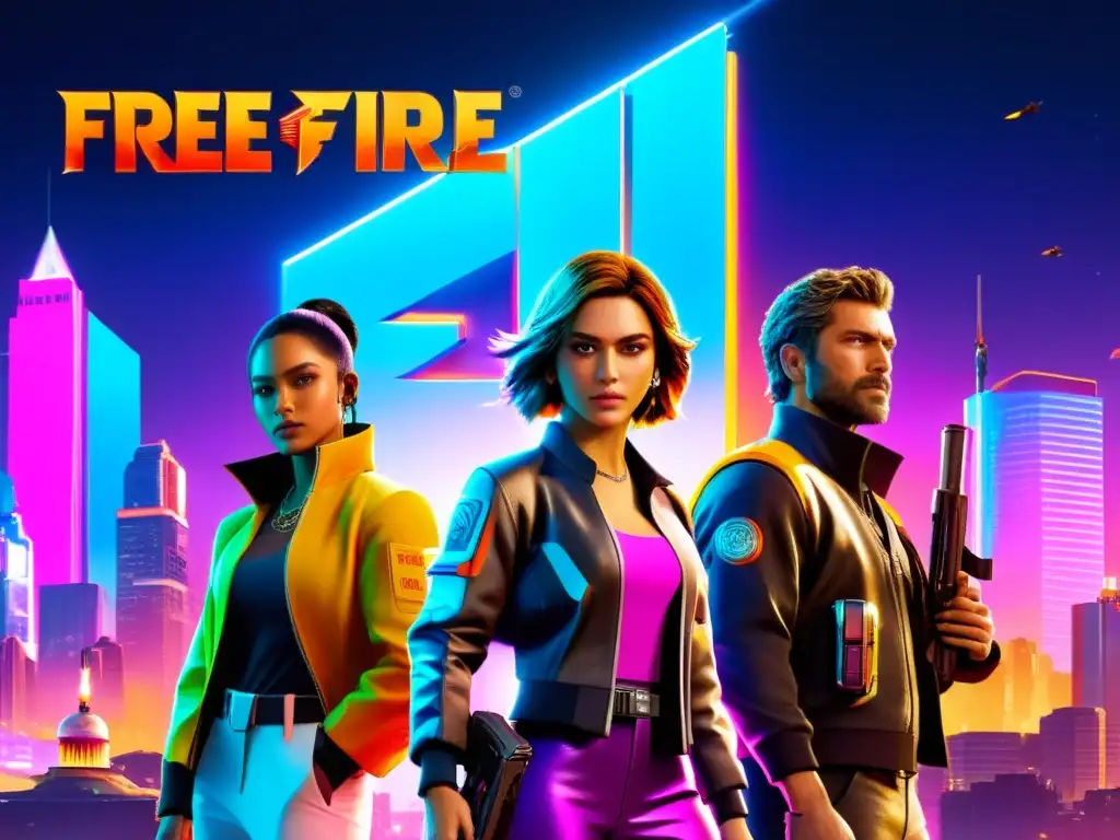 Un grupo de personajes de Free Fire posan en una ciudad futurista y vibrante, luciendo armaduras de alta tecnología y armas avanzadas