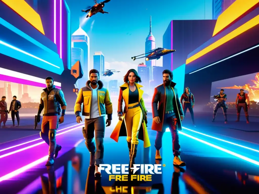 Grupo de personajes de Free Fire en una ciudad futurista y neón, con mejoras actualizaciones Free Fire que realzan la experiencia de juego