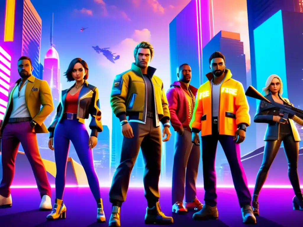 Un grupo de personajes de Free Fire en colaboraciones innovadoras, posan en un paisaje urbano futurista lleno de luces de neón y rascacielos