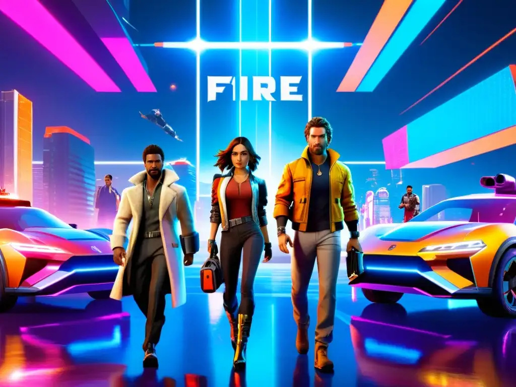 Un grupo de personajes de Free Fire de colaboraciones rentables posan en una ciudad futurista, rodeados de energía dinámica y luces de neón