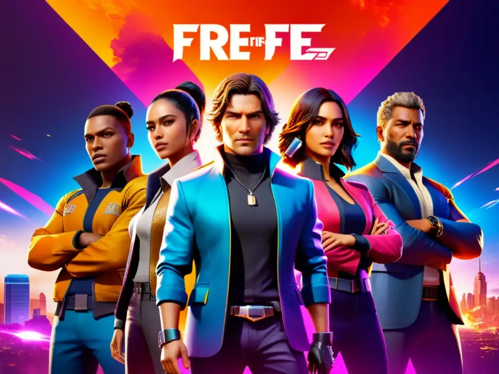 Un grupo de personajes diversos de Free Fire en conflicto, con un mundo virtual vibrante de fondo