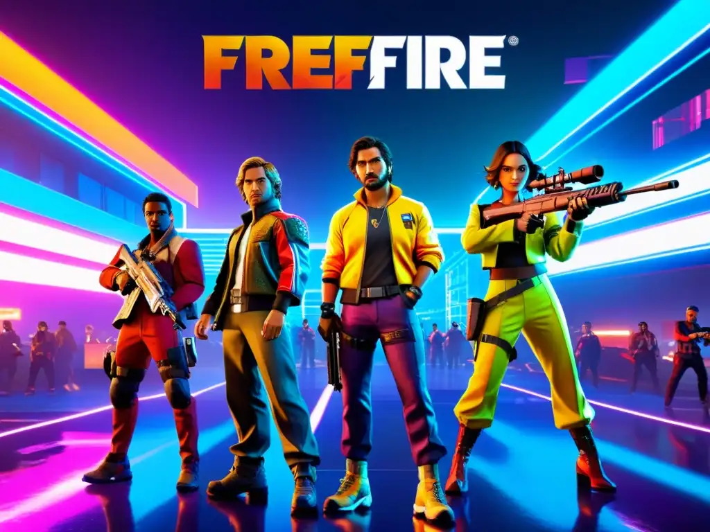 Un grupo de personajes de Free Fire posando en una escena dinámica y llena de acción, rodeados de luces neón