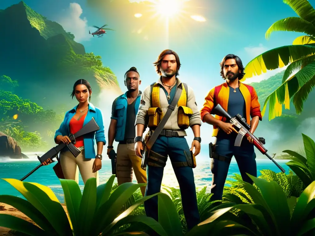 Grupo de personajes de Free Fire en isla tropical con kit de supervivencia, bajo sol intenso y colores vibrantes