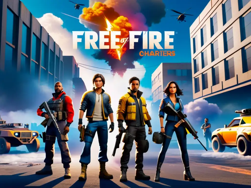 Grupo de personajes de Free Fire listos para la batalla en paisaje urbano postapocalíptico, maximizando recompensas pase batalla FreeFire