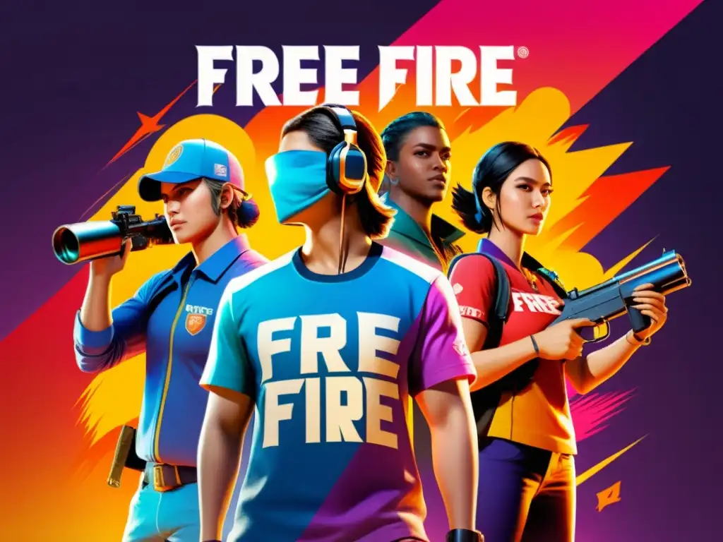 Grupo de personajes de Free Fire con merchandising que los fans comprarán, en una ilustración detallada y vibrante