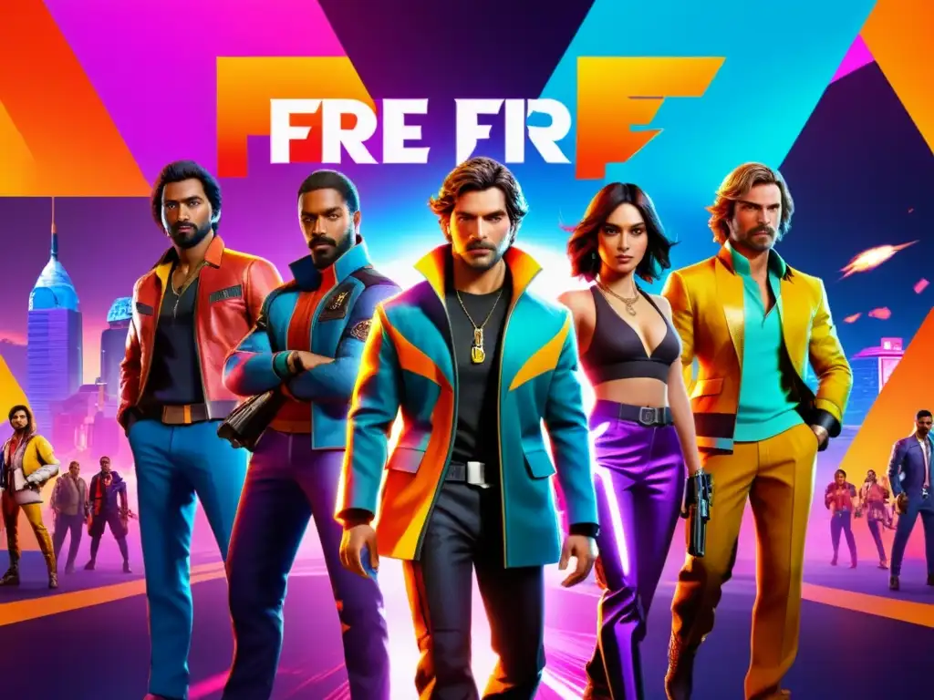 Grupo de personajes de Free Fire con modernos atuendos y formas innovadoras colaboración Free Fire en futurista ciudad iluminada por luces de neón