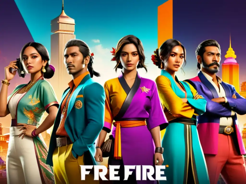 Un grupo de personajes de Free Fire con referencias culturales, vistiendo trajes tradicionales de diferentes partes del mundo, en una pose dinámica y diversa, con una ciudad futurista de fondo