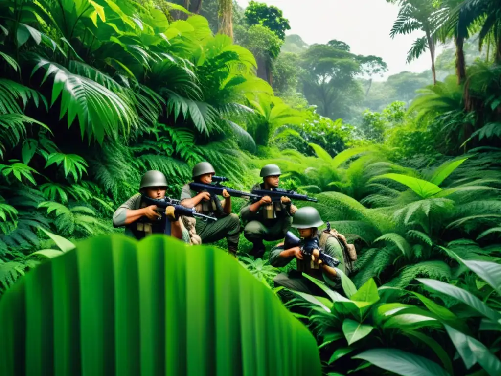 Un grupo de soldados en la densa selva, preparados para una emboscada