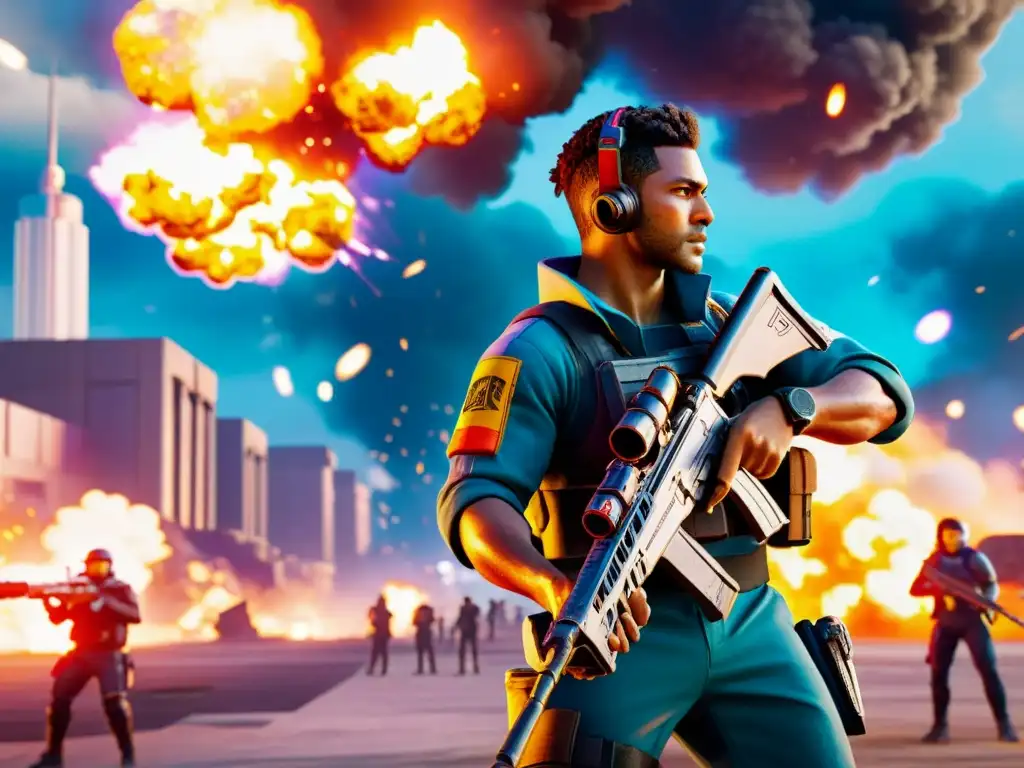 Un guerrero de Free Fire luchando en un campo de batalla futurista, rodeado de explosiones y disparos neon