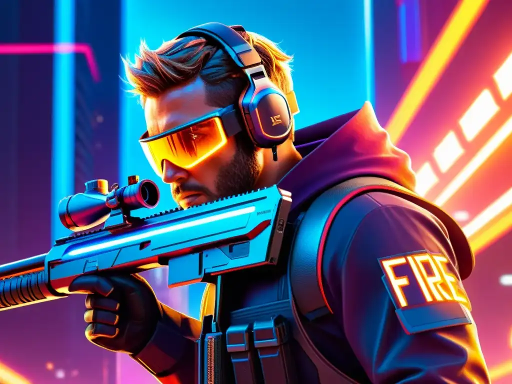 Un guerrero de Free Fire empuña un fusil futurista en un escenario urbano lleno de neon