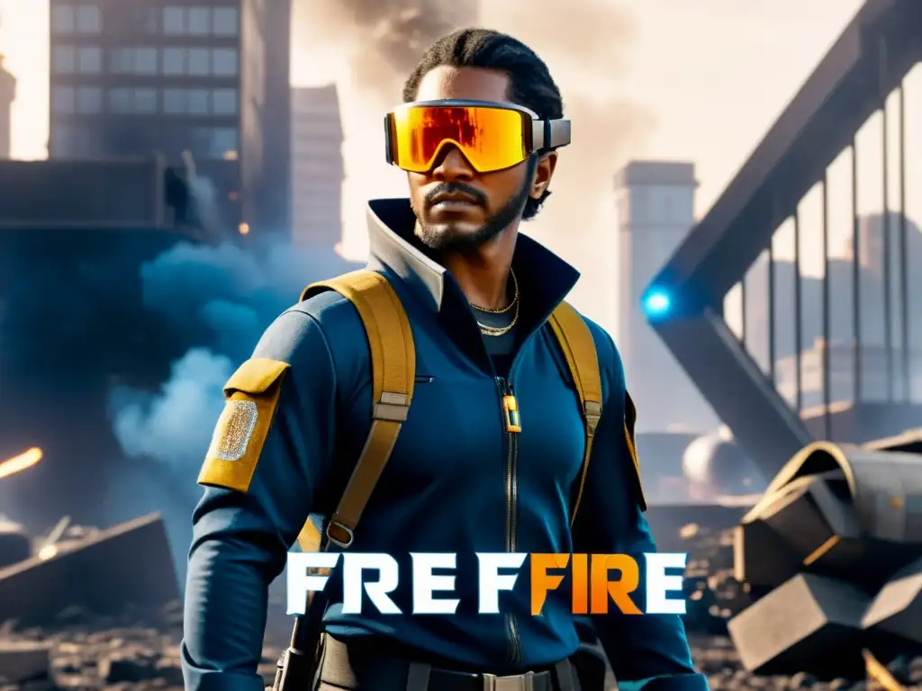 Un guerrero listo para la batalla en Free Fire, con armadura y armas futuristas, en un escenario urbano de caos