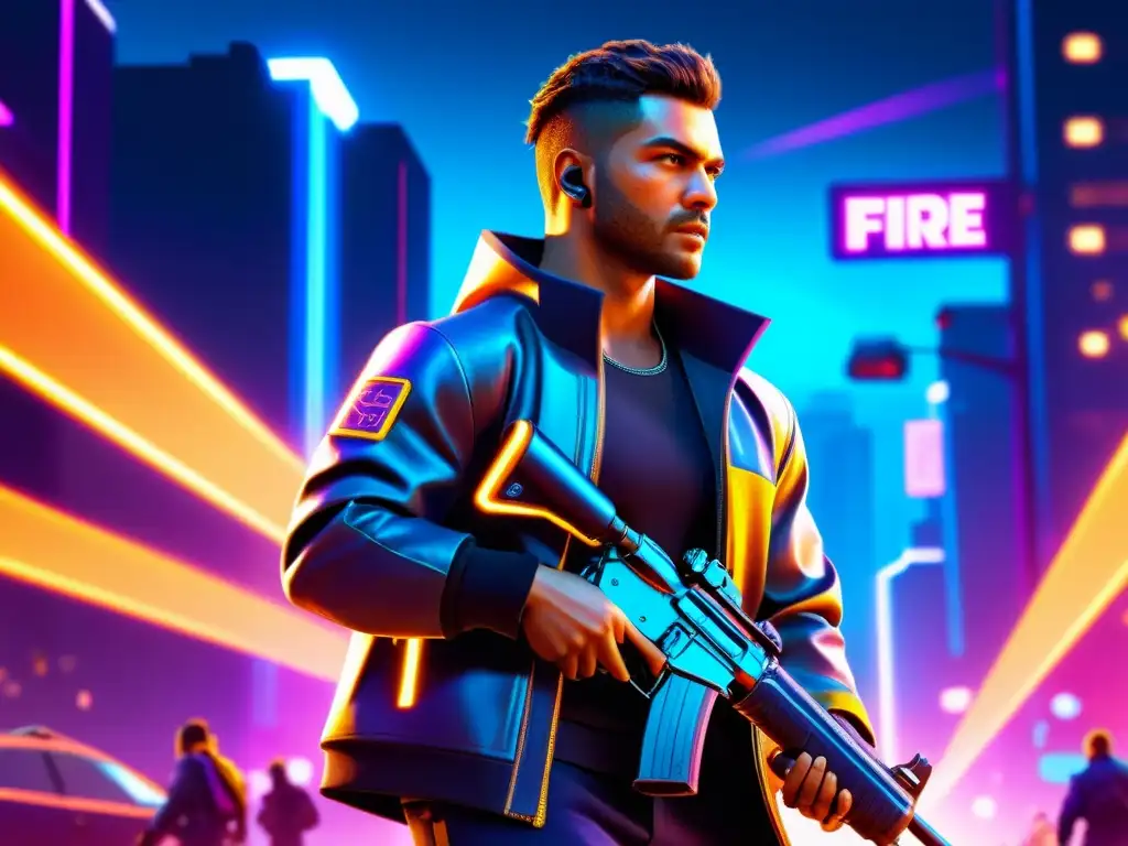 Un guerrero de Free Fire con una de las mejores armas, rodeado de luces neón y una atmósfera futurista