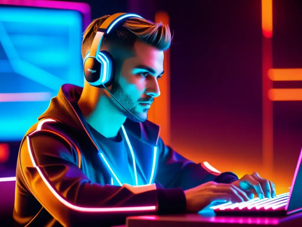 Un hacker con outfit futurista frente a una computadora con códigos y pantallas virtuales de FreeFire