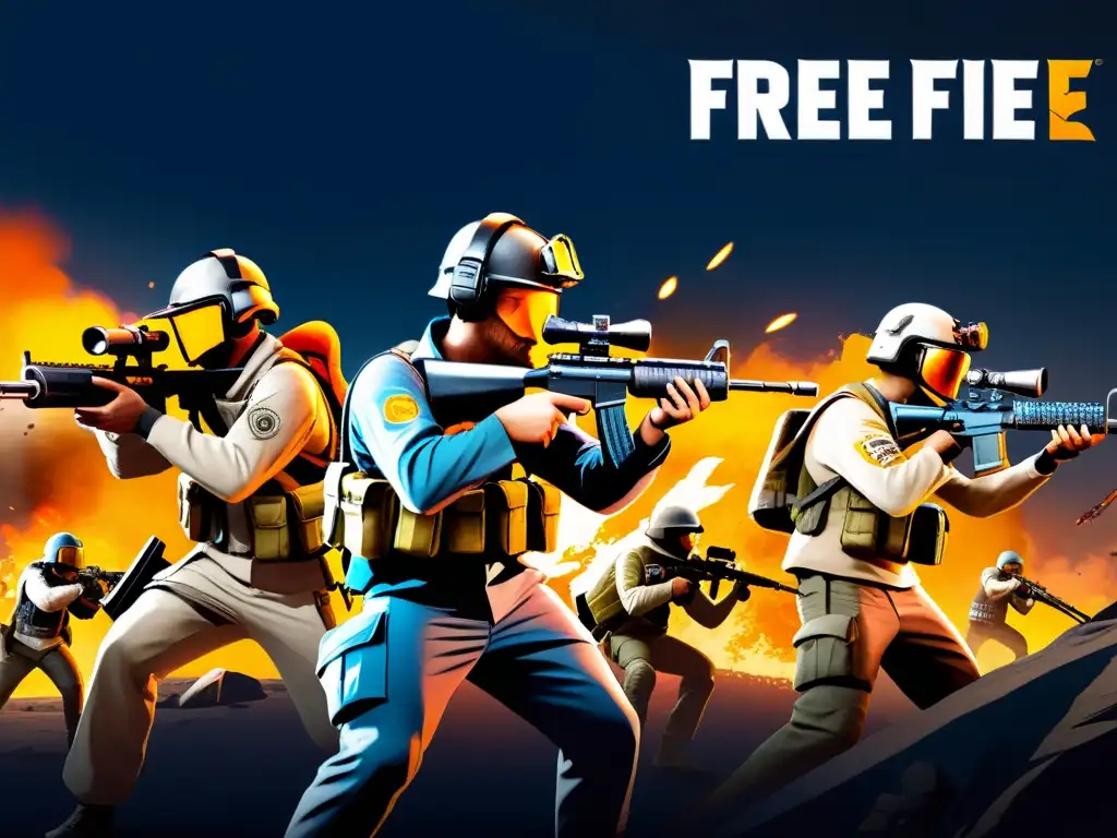 Una ilustración detallada muestra a un escuadrón de jugadores de Free Fire en plena estrategia ofensiva y defensiva, inmersos en un intenso combate