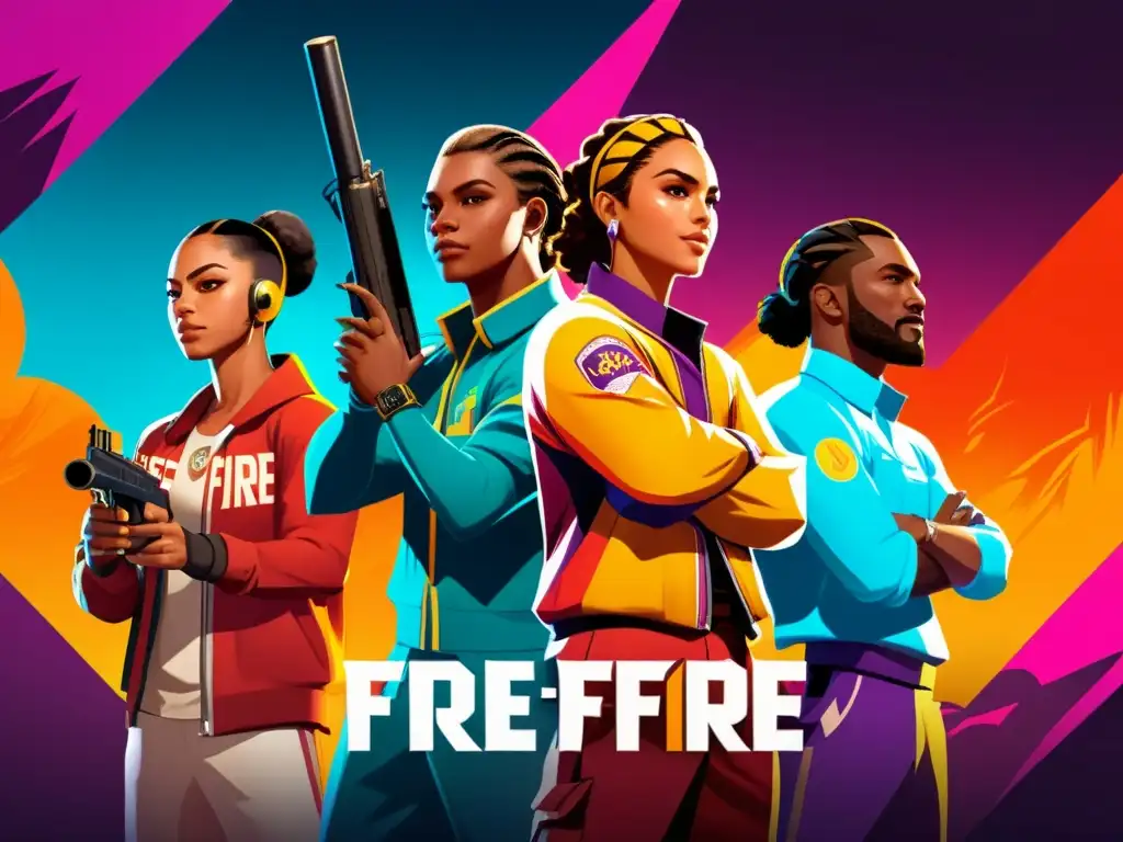 Una ilustración detallada de jugadores diversos de Free Fire que mejoran la comunidad del juego con comunicación positiva y trabajo en equipo