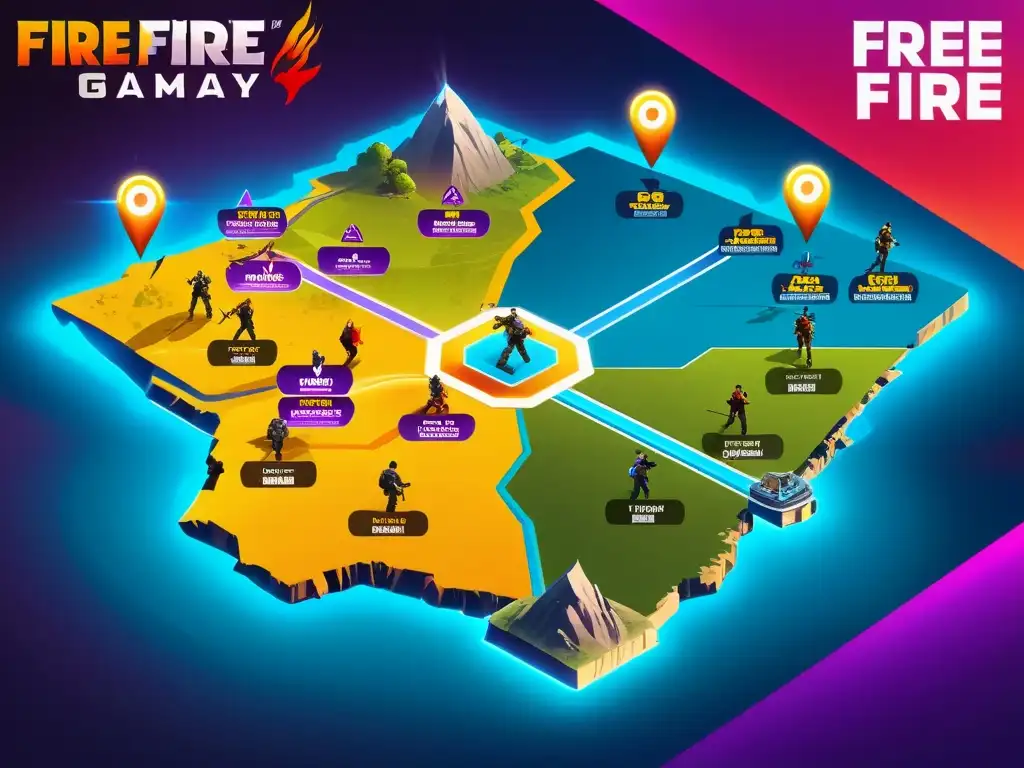 Una ilustración detallada del mapa de juego de Free Fire resalta los modos de juego y estrategias clave