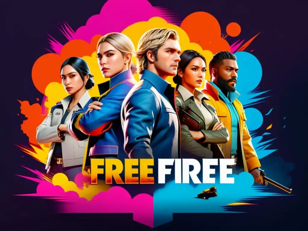 Una ilustración detallada de los personajes de Free Fire, mostrando sus habilidades en una escena de batalla dinámica y llena de acción