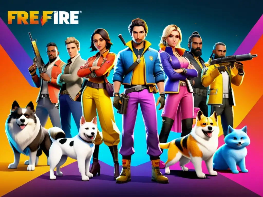 Una ilustración detallada de personajes de Free Fire junto a sus coloridas mascotas, mostrando la diversidad de compañeros en el juego