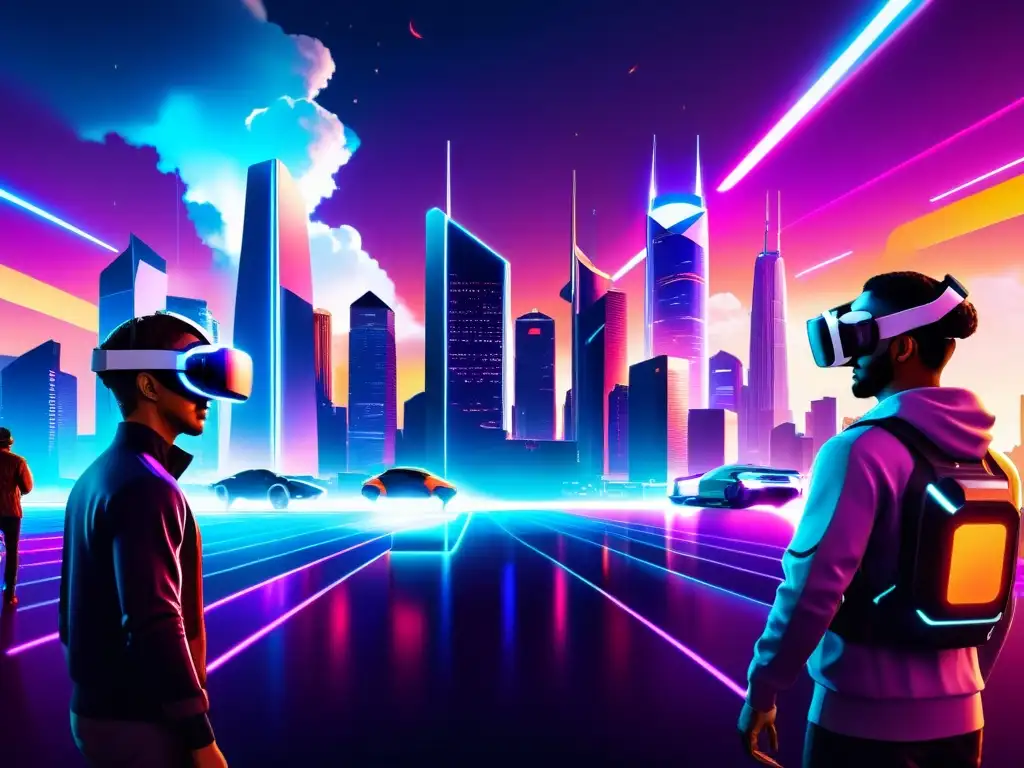 Una ilustración digital impresionante de un paisaje futurista en realidad virtual, con una ciudad neón y acción de juego inmersivo