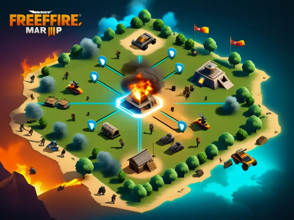 Imagen aérea detallada de jugadores de FreeFire coordinando tácticas y estrategias en el mapa