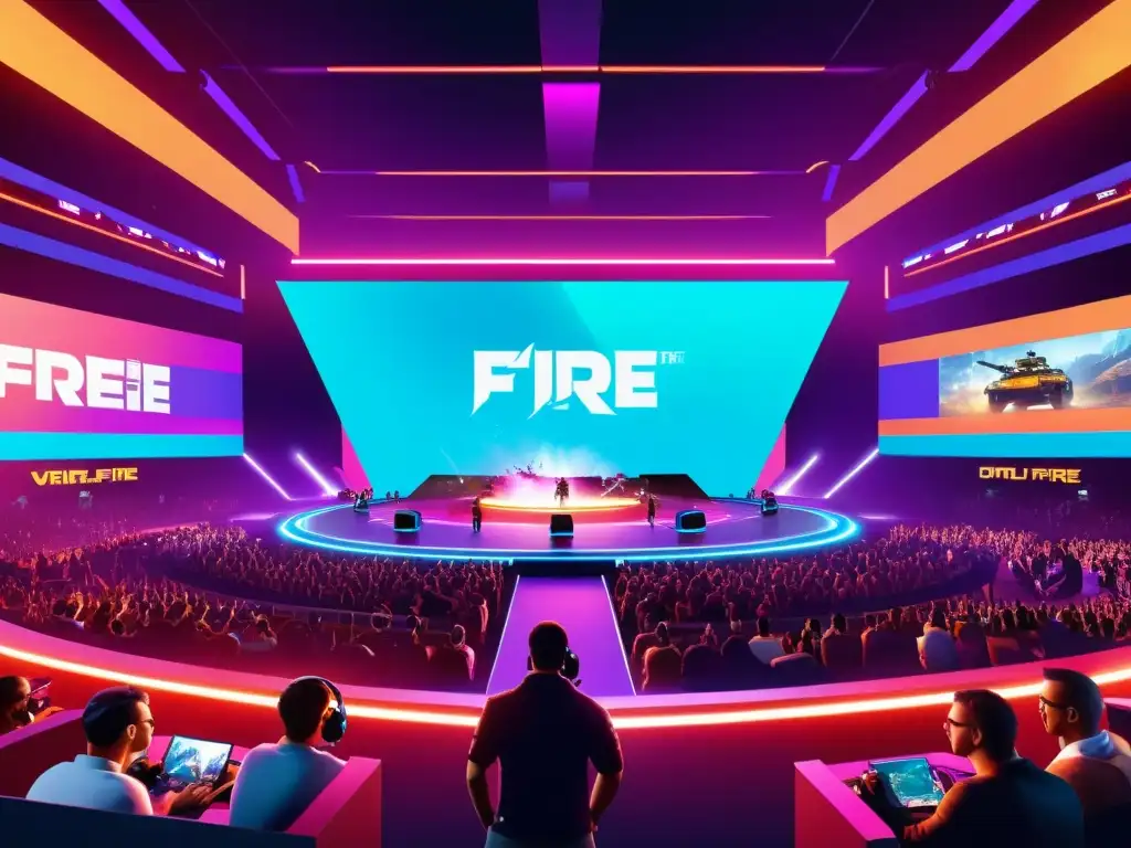 Imagen de alta tecnología: escenario virtual de Free Fire con jugadores entusiastas y estrategias de juego innovadoras