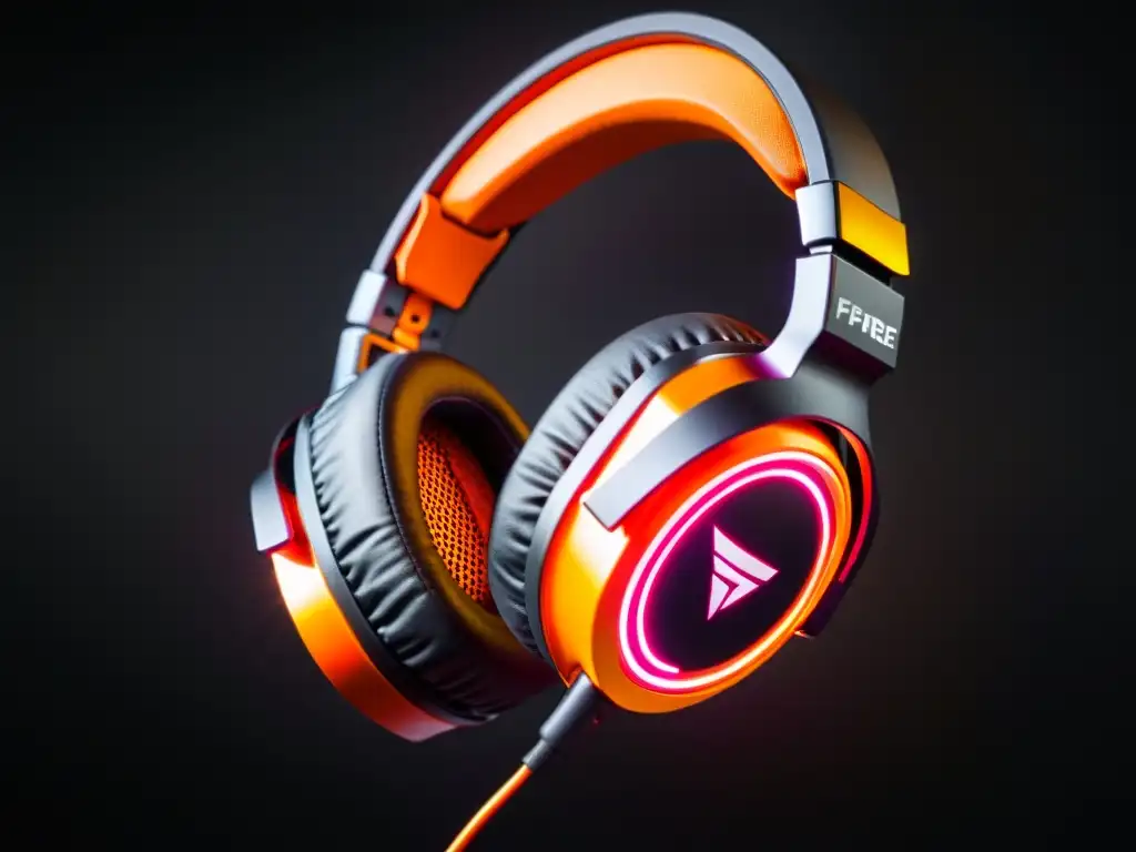 Imagen de auriculares gaming negros con detalles en naranja brillante, iluminados por detrás