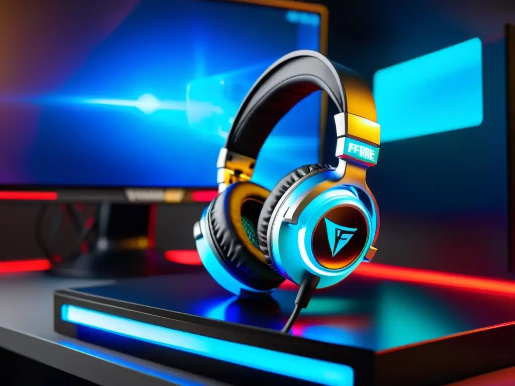 Imagen de auriculares gaming para escuchar pasos en un entorno futurista de alta tecnología y gaming profesional en FreeFire