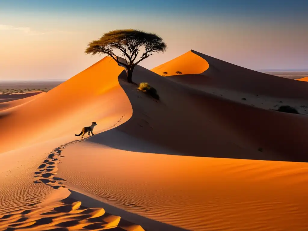 Imagen detallada del atardecer en el desierto del Kalahari, con colores vibrantes y una sensación de aventura y supervivencia en el terreno árido