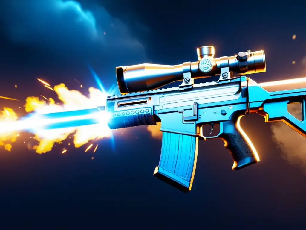 Una imagen detallada de un futurista rifle de asalto de Free Fire, con brillos metálicos y acentos azules