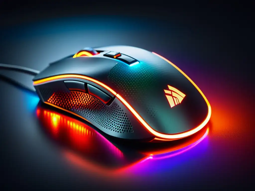 Una imagen detallada de un moderno ratón gaming iluminado con luces RGB vibrantes