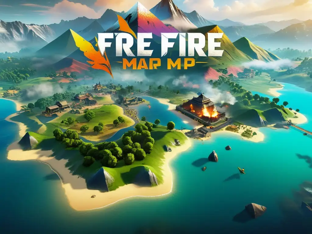 Imagen detallada del nuevo mapa de Free Fire, con vibrantes colores y diversas zonas, transmitiendo emoción y aventura