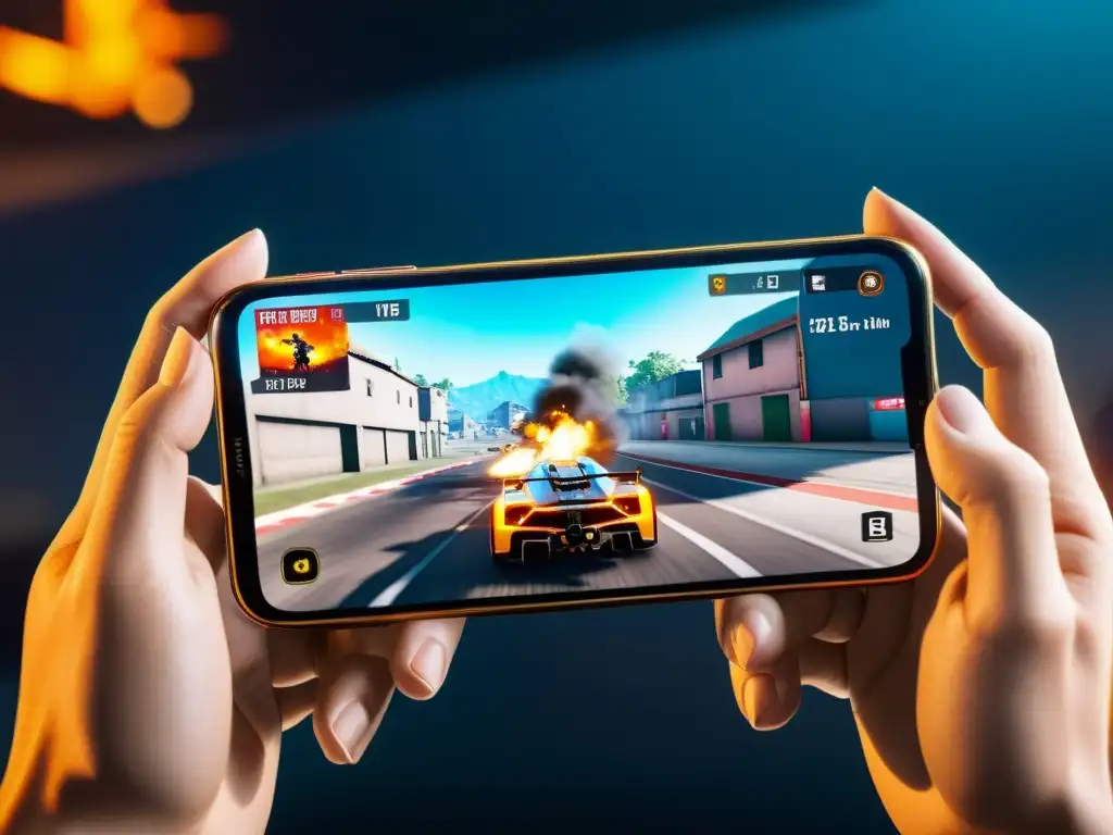 Imagen detallada de la pantalla de un smartphone de alta gama mostrando el juego Free Fire con ajustes gráficos óptimos, destacando texturas nítidas, efectos de iluminación realistas y tasas de fotogramas suaves