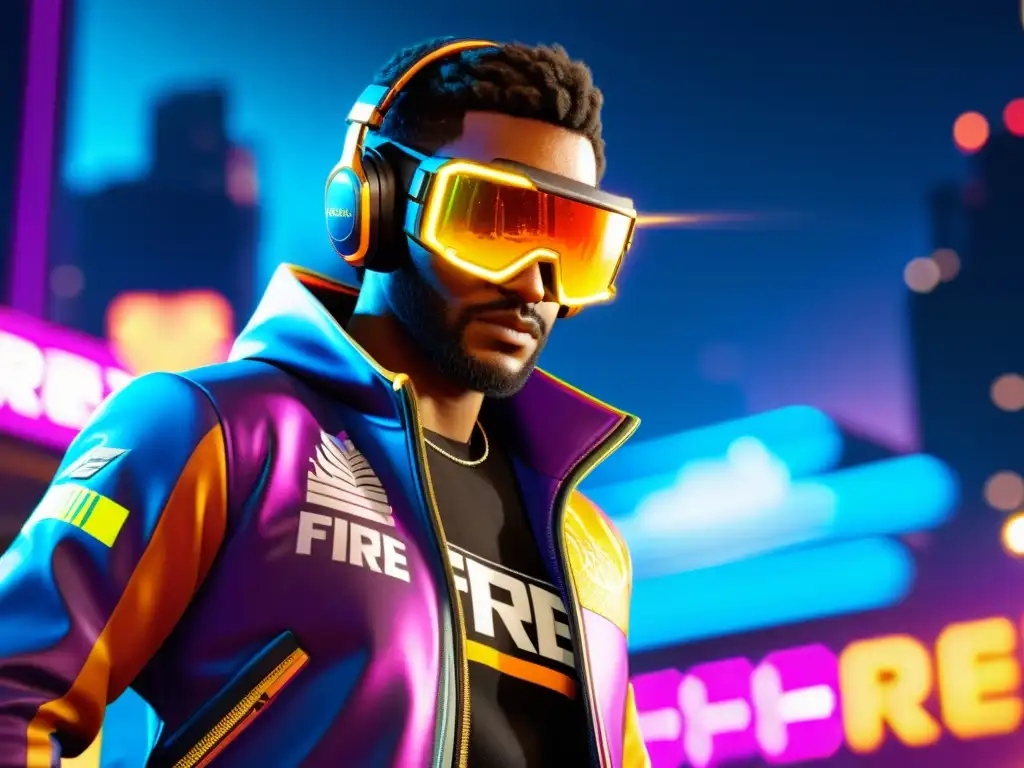 Imagen detallada de un personaje en Free Fire luciendo un skin vibrante y único, rodeado de efectos especiales, en una fiesta de la comunidad Free Fire con una ciudad futurista de fondo