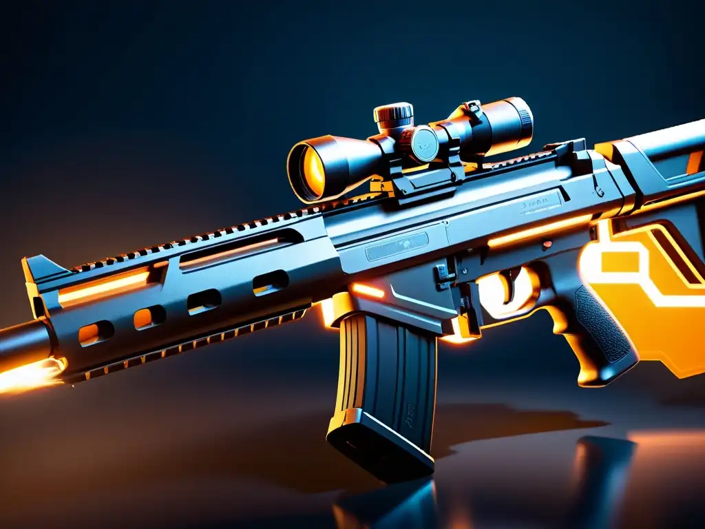 Imagen detallada de un rifle futurista de Free Fire, resaltando su tecnología avanzada y actualizaciones de armas