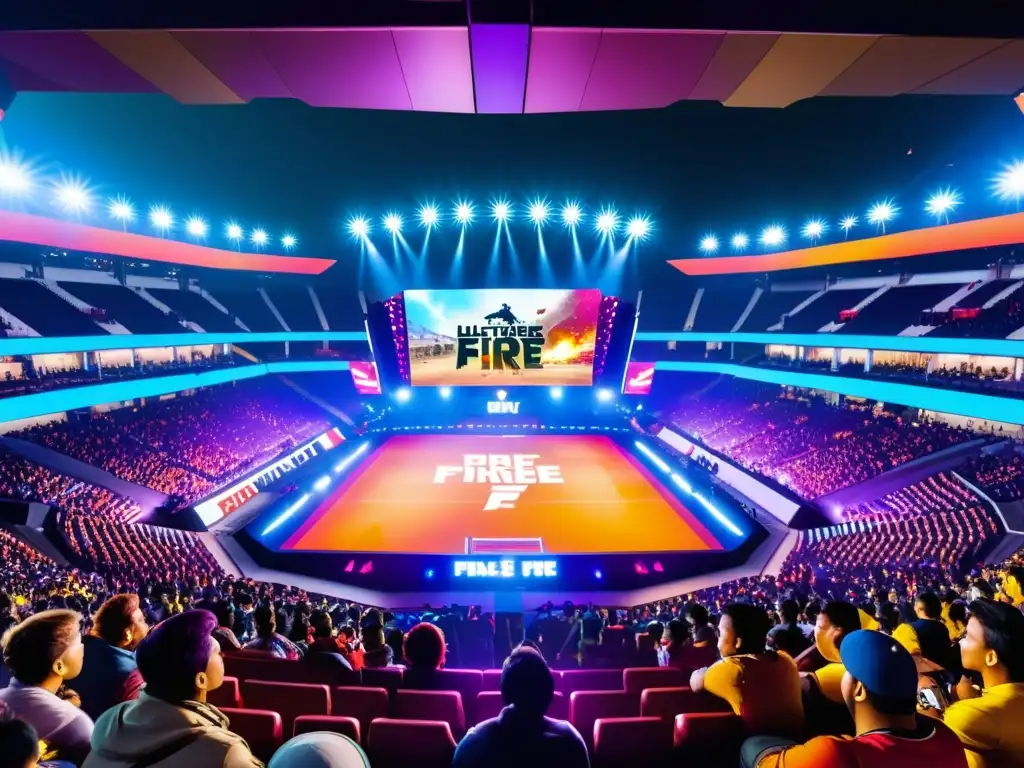 La imagen muestra un estadio abarrotado durante el evento Free Fire con fans animados y pancartas, creando una atmósfera vibrante y llena de energía