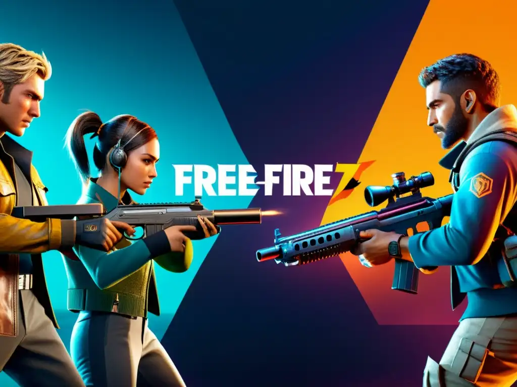 Imagen futurista de IA en Free Fire para estrategias, con modelos realistas, armas detalladas y acción intensa en un escenario de alta tecnología