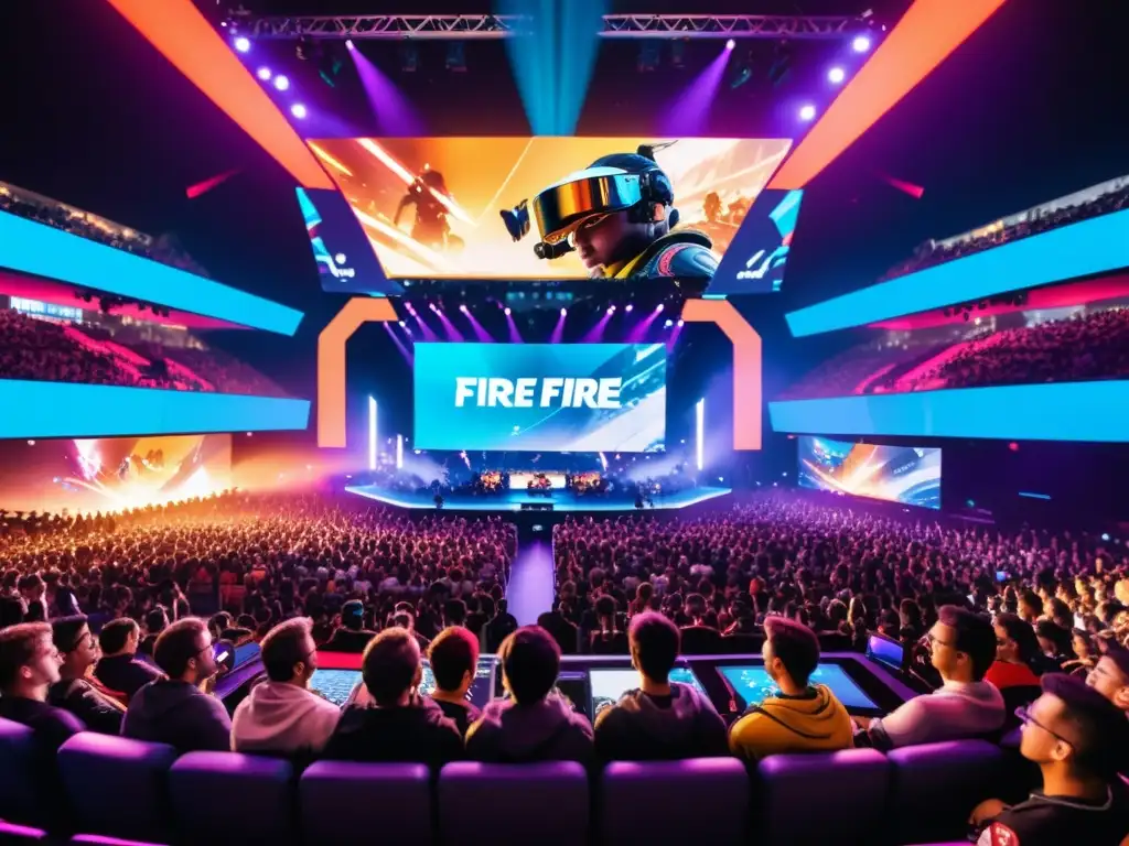 Imagen impactante de una arena de esports llena de fans entusiastas, con equipos profesionales de Free Fire compitiendo en un escenario vibrante