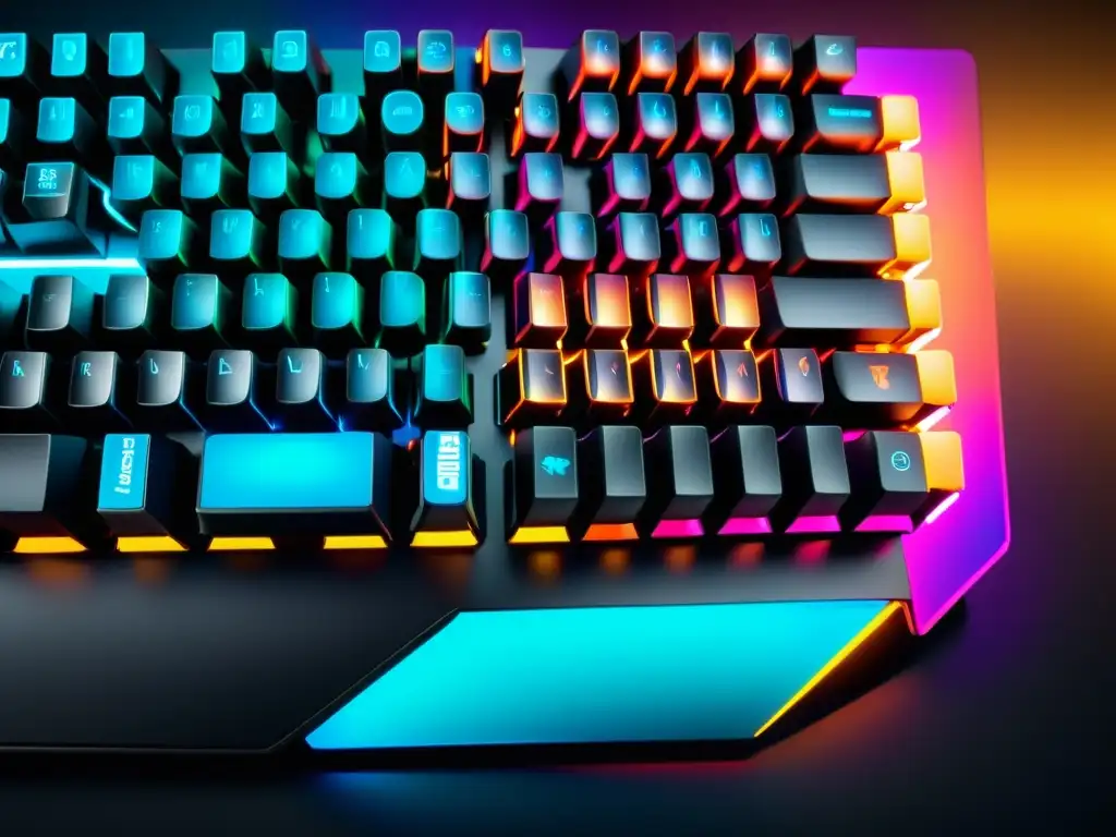 Una imagen inmersiva de un teclado gaming futurista con iluminación RGB vibrante y símbolos de juego, reflejando la narrativa de marca para gamers