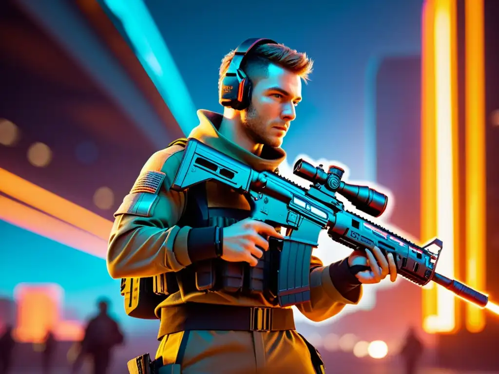 En la imagen, un jugador de eSports de FreeFire destaca con sus mejores armas y habilidades, inmerso en un paisaje urbano futurista y luminoso