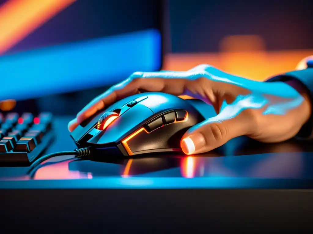 La imagen muestra las manos de un jugador de esports en acción con un mouse y teclado gaming, con el juego FreeFire en el fondo