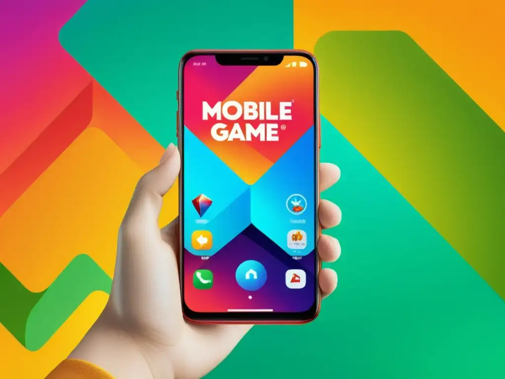 Imagen de pantalla de smartphone con publicidad cautivadora de juego móvil, colores vibrantes y técnicas publicidad juegos móviles integradas