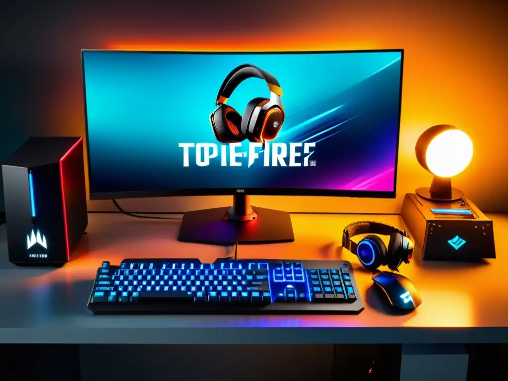 Imagen de alta resolución de un moderno y elegante setup de juego con equipamiento de primer nivel de Free Fire