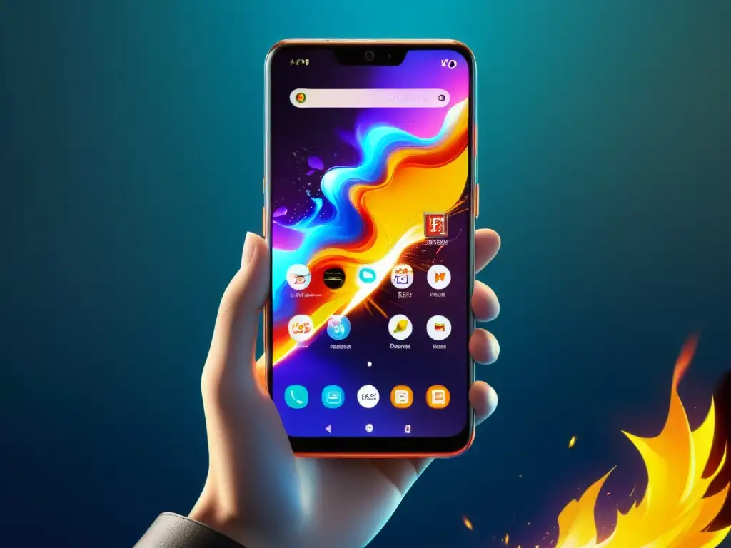 Imagen de alta resolución de un moderno smartphone con pantalla cristalina, mostrando un intenso gameplay de Free Fire