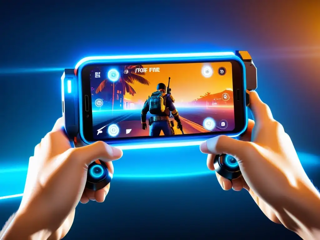 Imagen de smartphone con accesorio para Free Fire, iluminado en azul, y pantalla vibrante