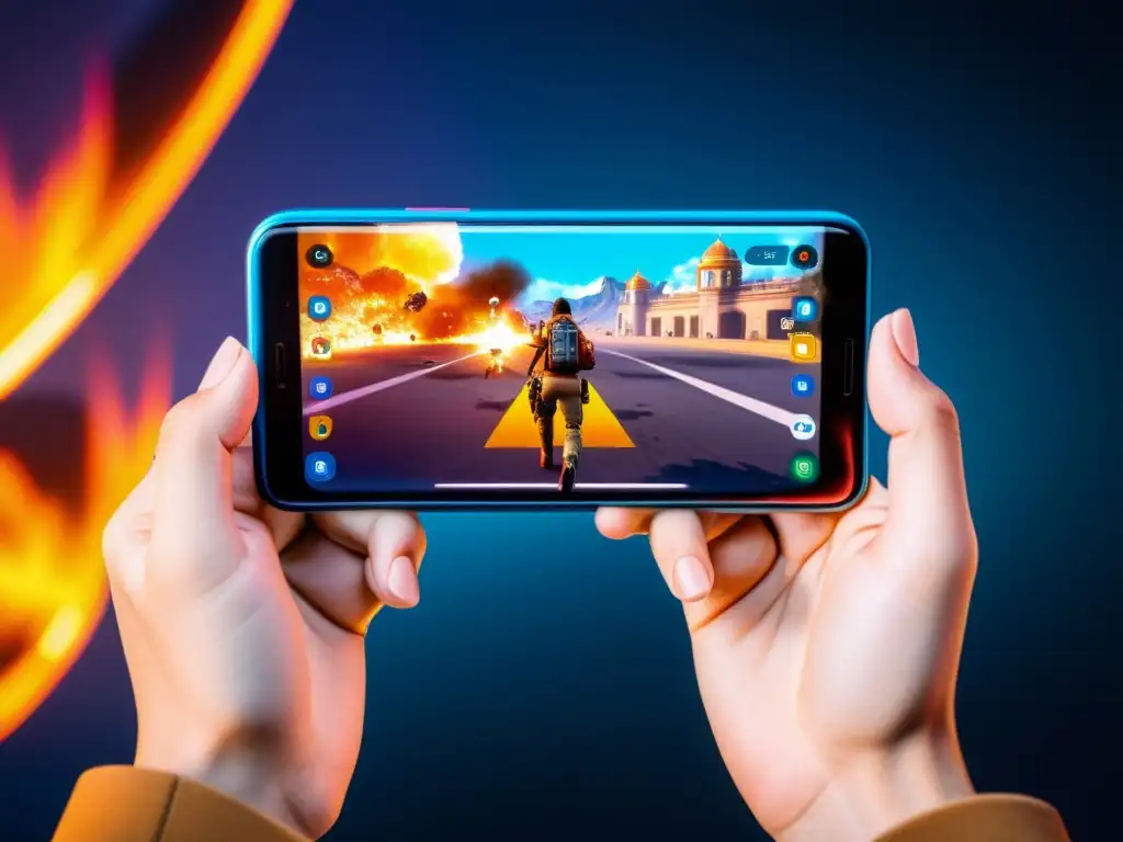 Imagen 8k de smartphone moderno con pantalla vibrante, gaming en Free Fire