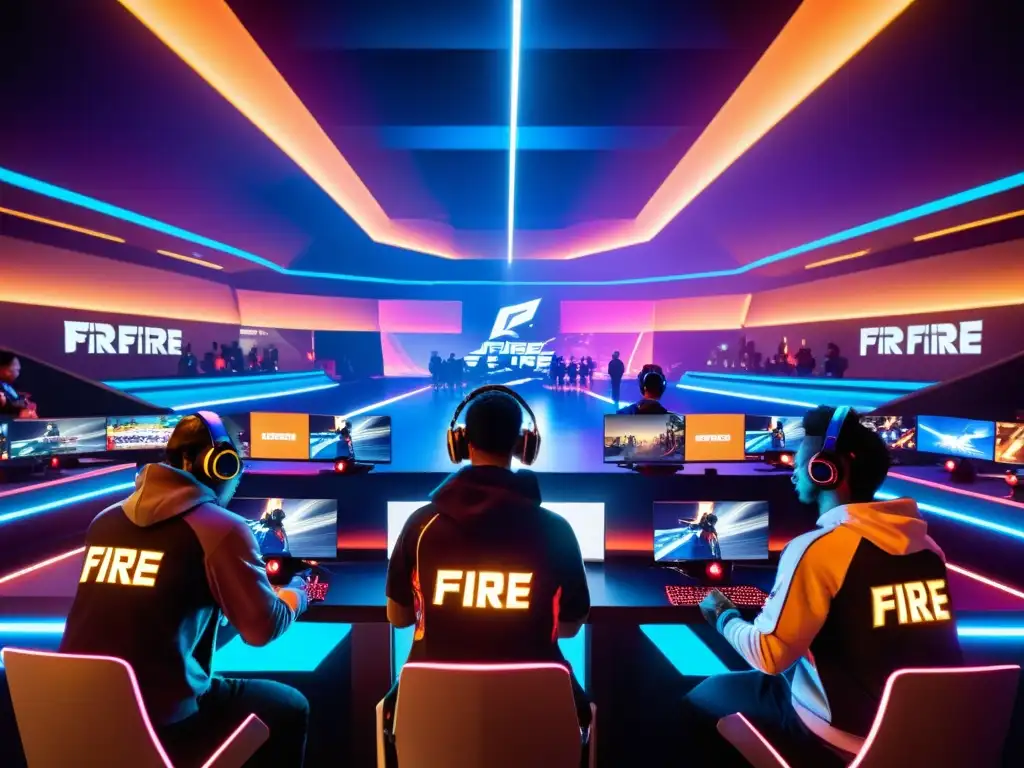 Imagen de un torneo de Free Fire en una futurista arena de alta tecnología, con jugadores concentrados y energía competitiva