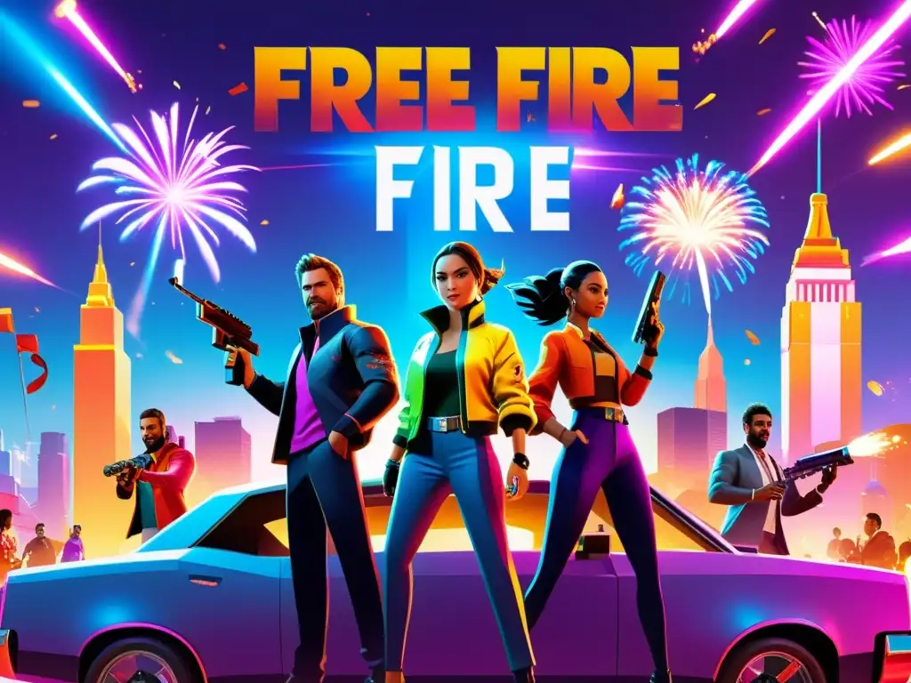 Imagen vibrante de celebración de aniversario en Free Fire, con personajes, regalos, fuegos artificiales y elementos icónicos