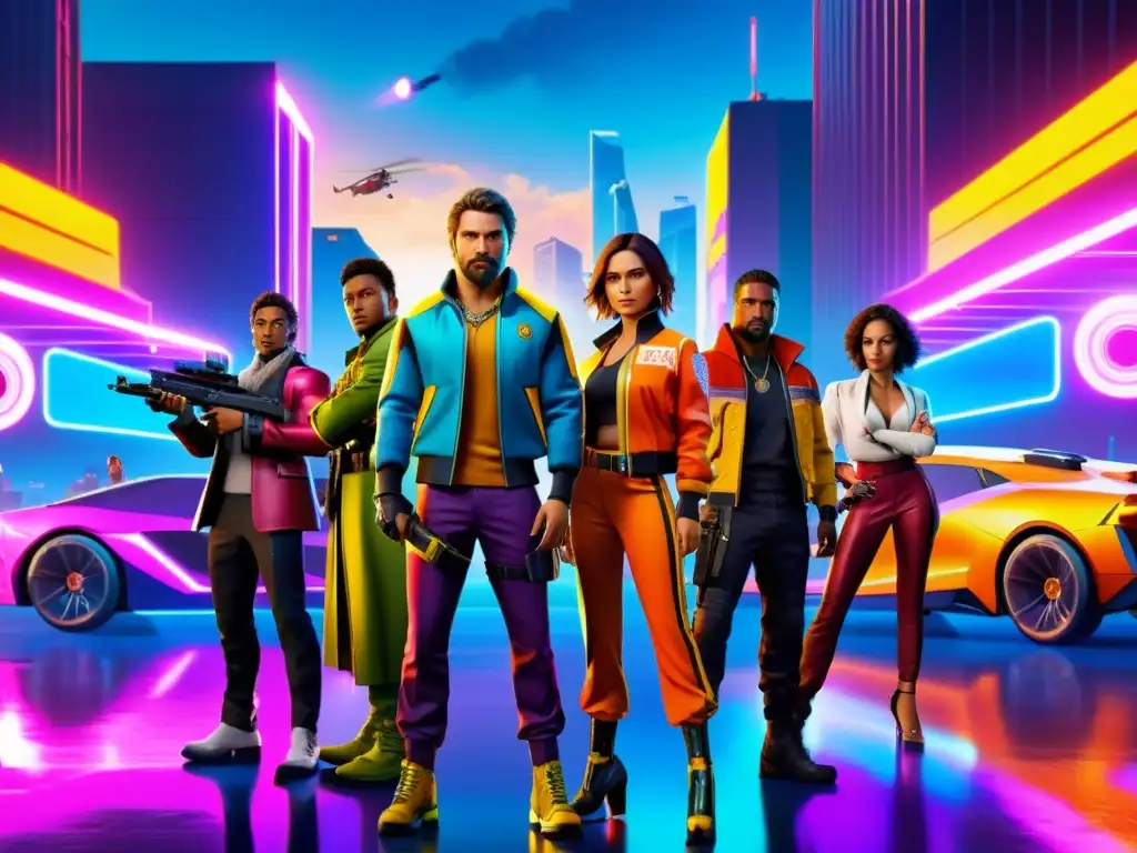 Una imagen vibrante de personajes de Free Fire con las skins tendencia 2023, en un escenario urbano futurista, con colores vibrantes y poses dinámicas